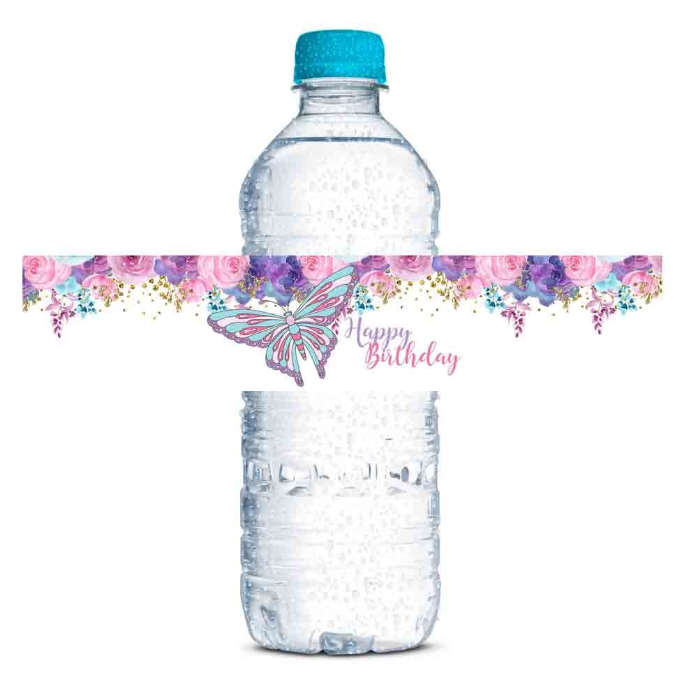 Floral Watercolor Butterfly Birthday Themed Waterproof Water Bottle Sticker Wrappers 20 Wrap Around Labels Sized 1.75" x 8.5" by AmandaCreation