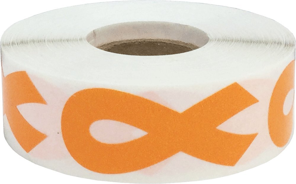 Orange awareness ribbon stickers, 2-inch all-purpose adhesive labels, showing vibrant ribbons for awareness campaigns.