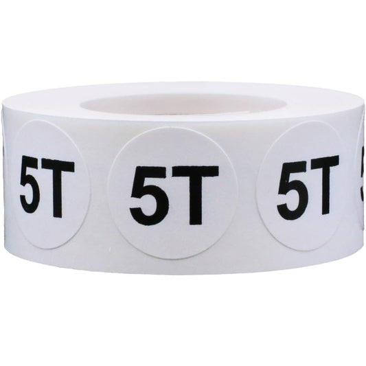 White Circle 5T Clothing Size Stickers for Retail Apparel 0.75 Inch 500 Total Adhesive Labels