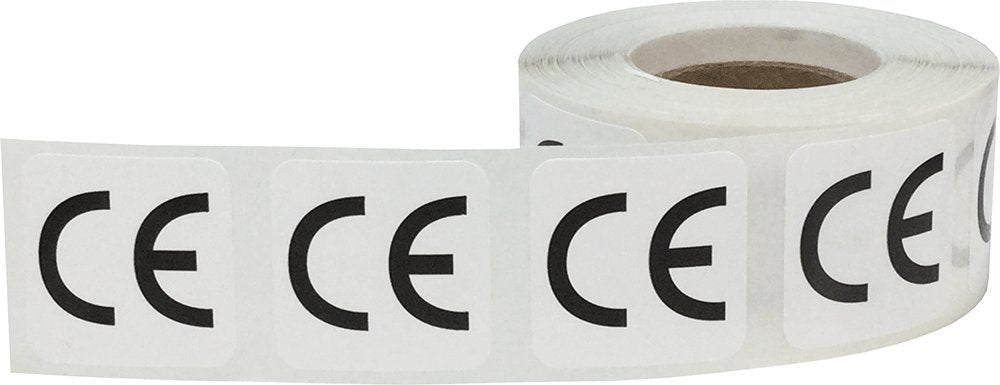 Roll of 1-inch square adhesive European Conformity CE labels for product certification, electronics, and manufacturing.