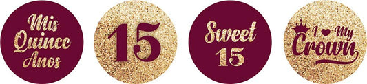 Quinceanera 15 Birthday Stickers for Chocolate Candy Labels 190 Pcs-Burgundy & Golden Burgundy & Golden