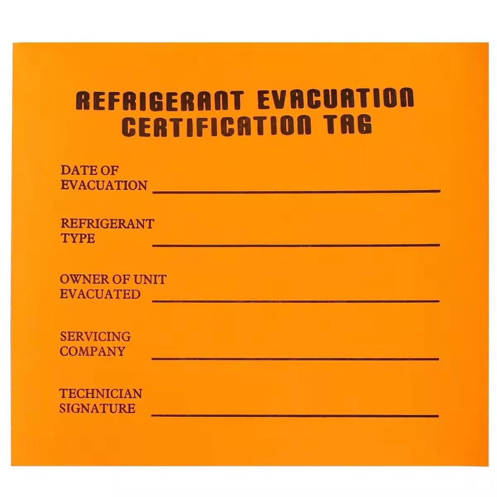 CAROPT refrigeration evacuation recovery certification tag stickers, 30-pack, used for medication labeling and safety documentation.