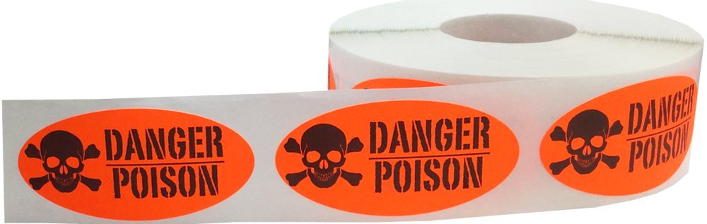 Danger Poison Labels Fluorescent Red 1 x 2 Inch Oval 500 Total Stickers