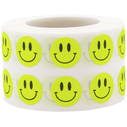 1/2" Inch Small Fluorescent Yellow Happy Face Labels, 1,000 Total Adhesive Stickers on a Roll, Perfect for Kids Classroom Incentives, Motivational Chart Use