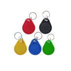 Riversmerge handheld RFID copier for T5577 and EM4305 cards, with 5 keychains, stickers, and coins, used for ID card duplication.