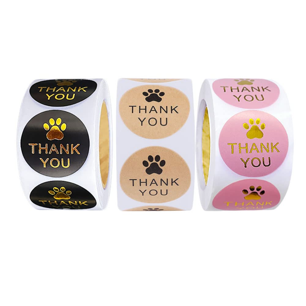1500 Pcs Pet Paw Print Decals Thank You Sticker， Round Dog Paw Print Thank You Envelope Stickers Roll for Small Business，Round Kraft Labels Stickers