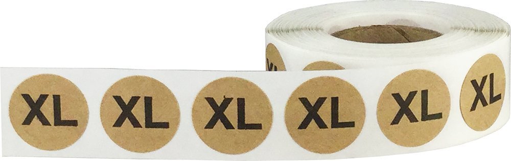 Brown Kraft Circle Clothing Size Stickers Pack, 3/4 Inch Round, Includes 1 Roll of XS, S, M, L, XL, and XXL, 500 Total Labels per Size