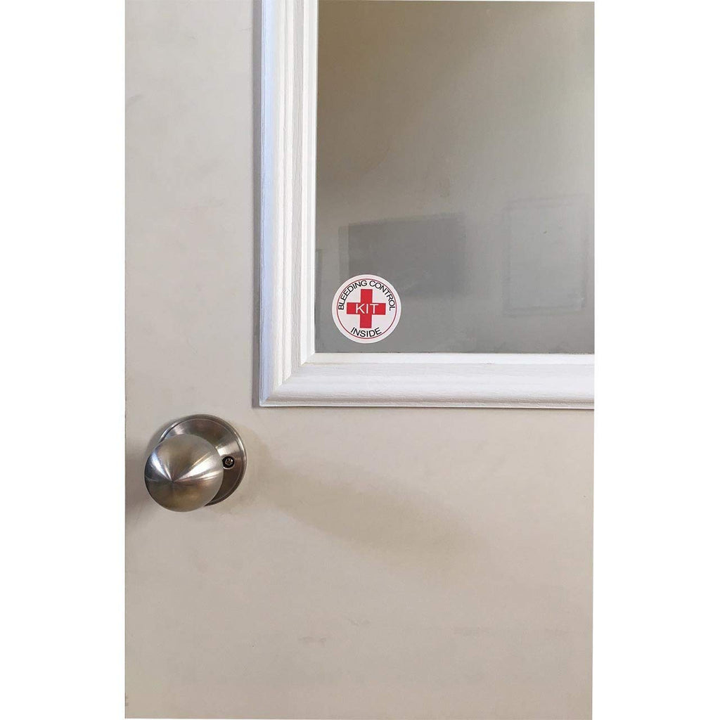 Rescue Essentials bleeding control designation stickers, 5-pack, red and white medication labels for first aid and emergency kits.