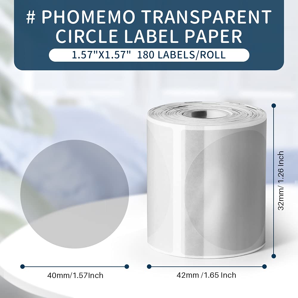 [3x180 pcs] Circle Transparent Thermal Label Paper, Phomemo M110/M220/M120/M200/M221/M150 Printer Round Label, Self-Adhesive Thermal Printer Paper, 1.57"x1.57"(40x40mm) 180 Pcs/Roll, Clear 1.57'' x 1.57'' (40mm x 40mm) 3 Roll
