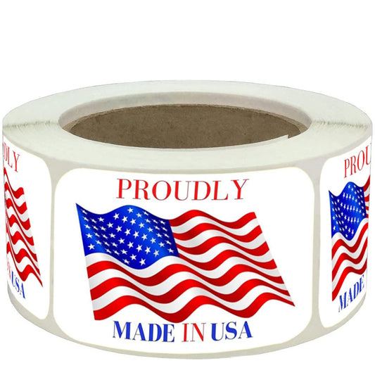 Made in USA Labels 3 X 2 Inches American Flag Stickers Glossy Paper, 500 PCS Per Roll Vinyl Decal United States Flag Sticker for Product Labeling (1 Roll) 1