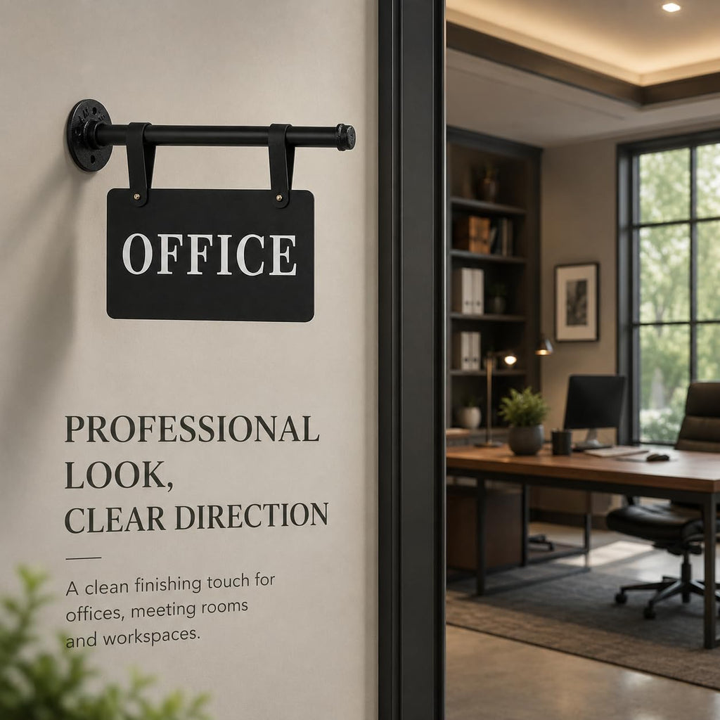 Double Sided Office Sign for Wall Decor with Black Hanging Bracket