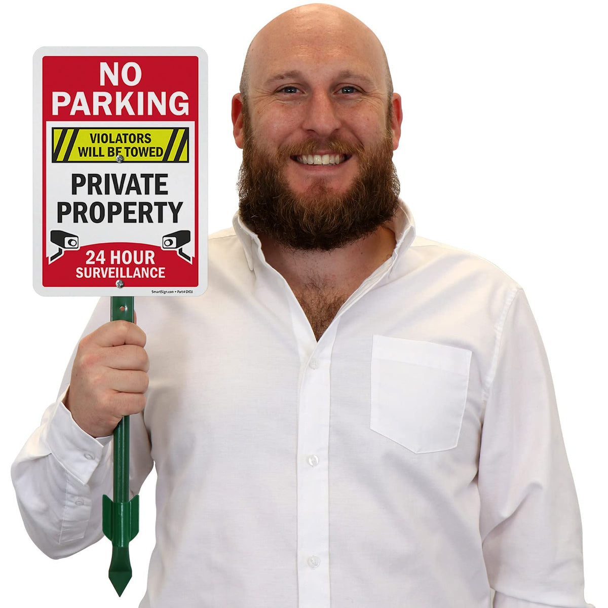 SmartSign 10 x 7 inch 'No Parking Violators Towed, Private Property, 24 Hour Surveillance' LawnPuppy Yard Sign and 18 inch Stake Kit, 40 mil Laminated Rustproof Aluminum, Set of 1 7" x 10" Aluminum Sign with 18" Stake