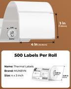 MUNBYN 4x3 Thermal Labels, 500 Sheets/1 Roll, White 4x3" 1