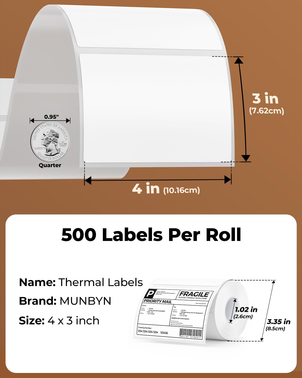 MUNBYN 4x3 Thermal Labels, 500 Sheets/1 Roll, White 4x3" 1