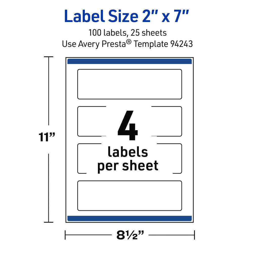 Avery Outdoor Waterproof Rectangle Labels with Sure Feed Technology, 2" x 7", White Film, Print-to-the-Edge, Compatible with Laser Printers, 100 Labels Total