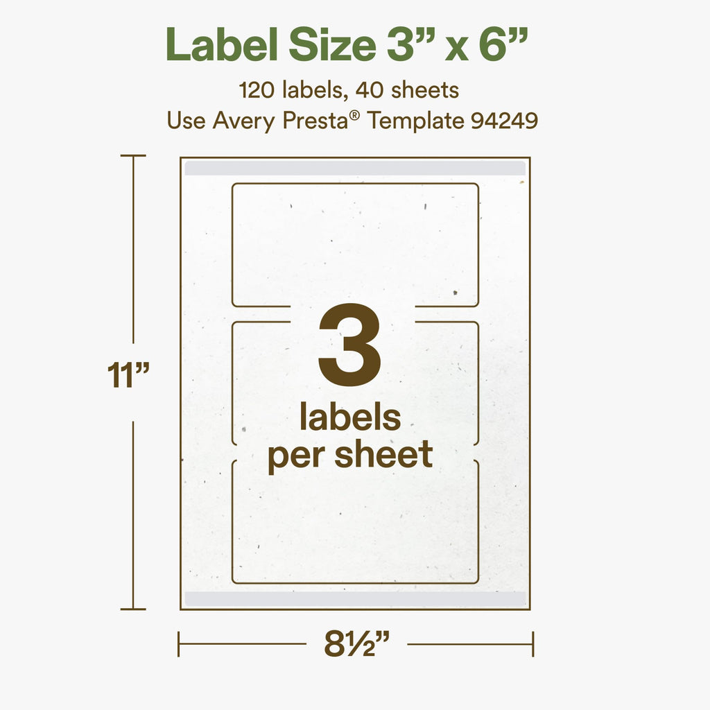 Avery Printable Rectangle Hemp Labels with Sure Feed Technology, 3" x 6", Off-White, Print-to-the-Edge, Laser & Inkjet Compatible, 120 Total, Great for Product Branding, Packaging, and More 120 Labels