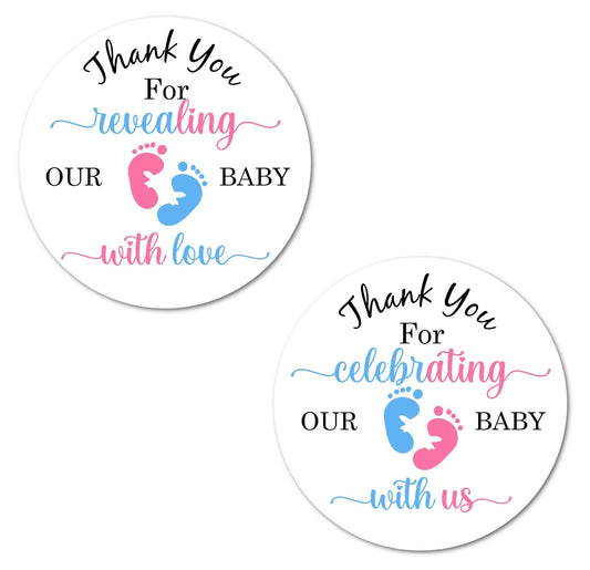 40 Thank You for Revealing Our Baby with Love Stickers, 2 Inch Big Round Glossy Labels, Pink and Blue Footprints Theme for Gender Reveal, Baby Shower, Tags, Games and Supplies. Made in USA