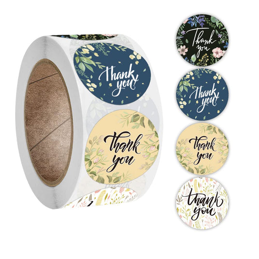 Thank You Sticker Roll, 500 Pcs Label Stickers for Small Business, Wedding Invitations, Party, Greeting Card, 1 inch，4 Flower Design 4 Flowers