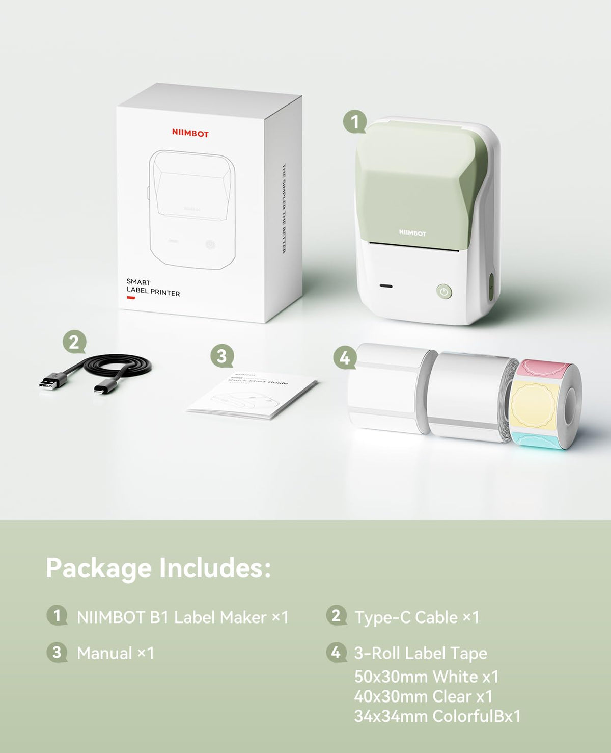 NIIMBOT B1 Label Maker Machine with 3 Tapes, 2Inch Thermal Label Printer Green 1 Printer+3 Roll Labels