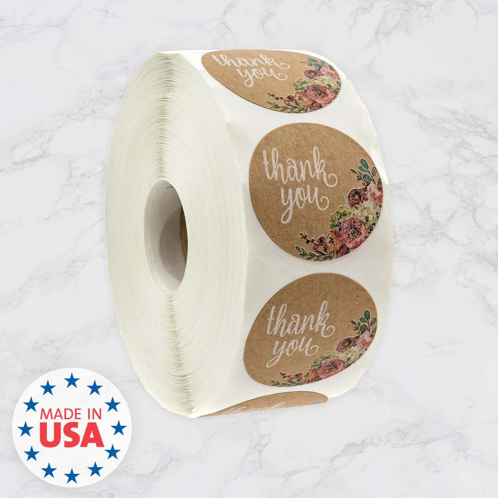 Brown Kraft Floral Thank You Stickers / 1000 Thanks Flowers Labels Roll / 1.5" Round Envelope Seals/Made in The USA Brown
