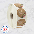 Brown Kraft Floral Thank You Stickers / 1000 Thanks Flowers Labels Roll / 1.5" Round Envelope Seals/Made in The USA Brown