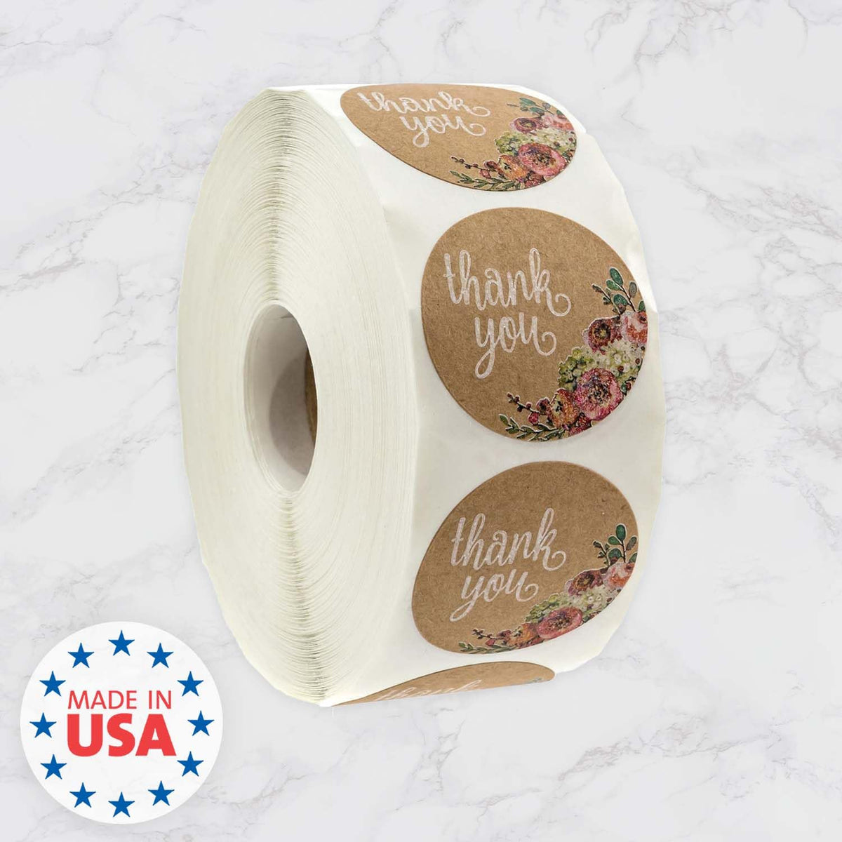 Brown Kraft Floral Thank You Stickers / 1000 Thanks Flowers Labels Roll / 1.5" Round Envelope Seals/Made in The USA Brown