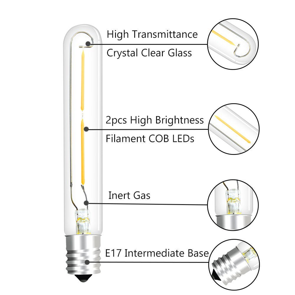 Bonlux LED T6.5 Exit Sign Clear Light Bulbs, 2W E17 Intermediate Base T6.5 LED Appliance Bulb (20W Incandescent Equivalent) for Refrigerator Freezer, Daylight 6000K (4-Pack,E17 Base) 2 Watts - 4 Pack