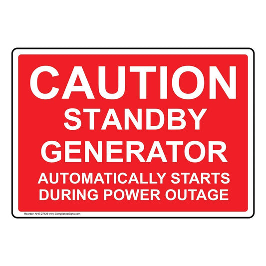 ComplianceSigns.com Caution Standby Generator Automatically Starts Label Decal, 5x3.5 in. 4-Pack Vinyl for Electrical Industrial Notices Red 5" x 3.5" - 4 Pack Adhesive Vinyl