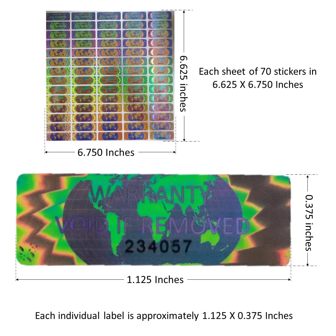 70 Hologram Tamper Evident, Tamper Proof Stickers. Warranty Void If Removed. Individual Serial Numbers. Tamper Foil Tape Labels. Destroyed Upon Removal with Residual Text Left on Item. (70 Stickers) 70 Stickers