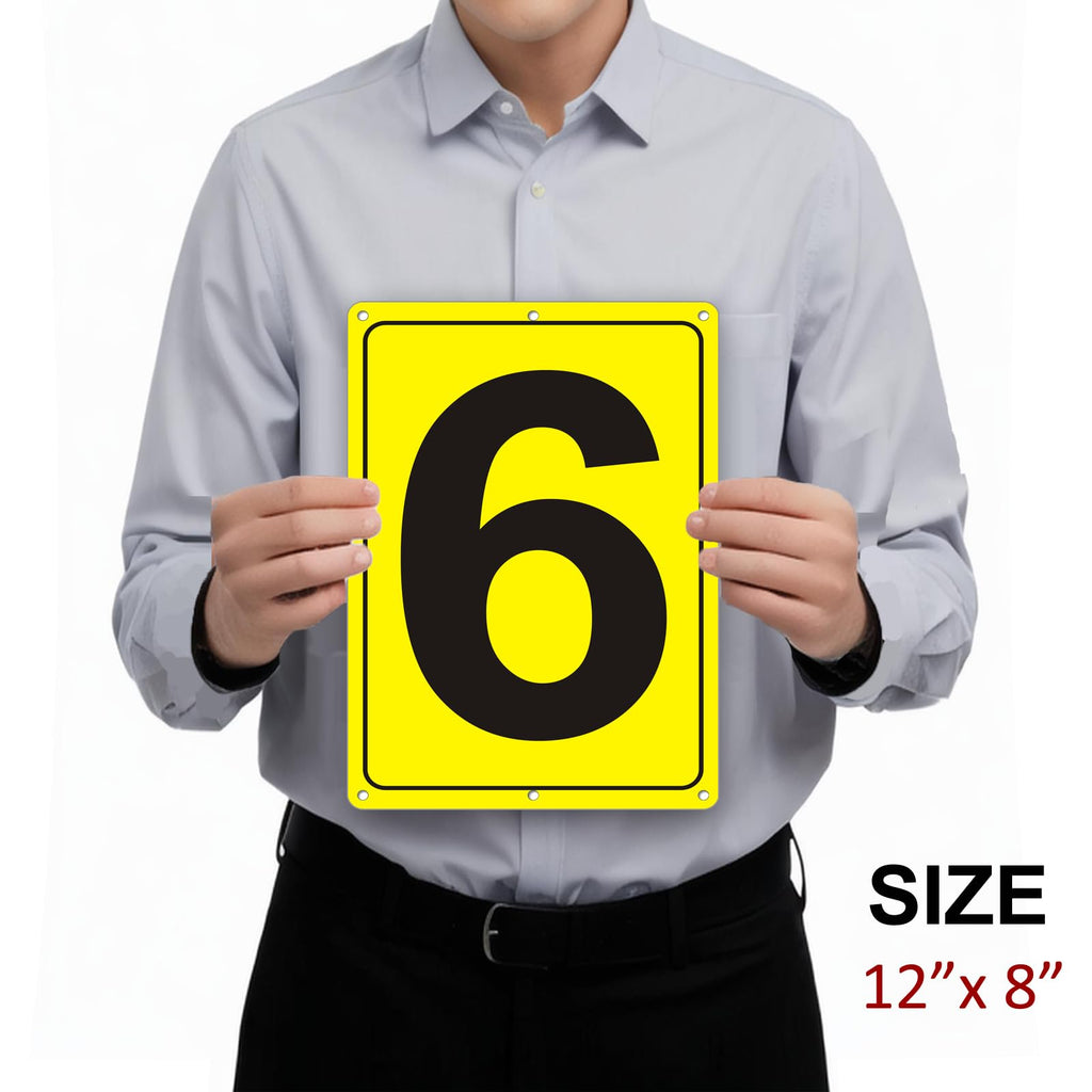 Number Sign 6 for Tennis Court, Numbered Sign for Parking Lots and Public Spaces, 12x8 inches Weatherproof and Easy to Install Metal Signs 12" x 8" YELLOW Numbered Sign 6