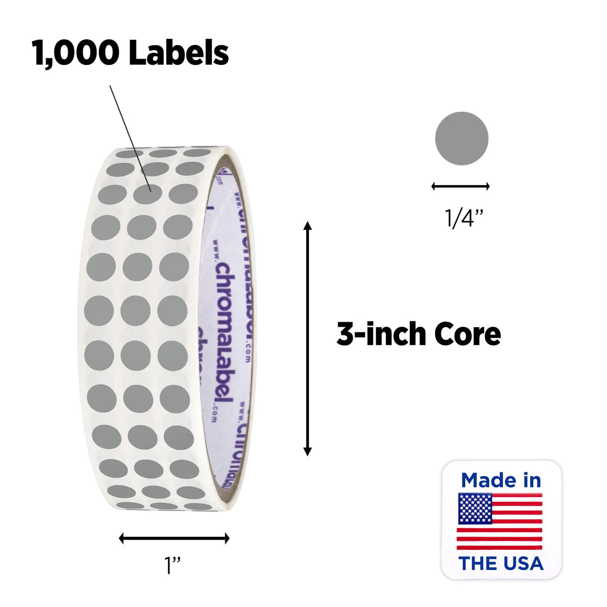 Gray ChromaLabel 0.25 inch round color-coding labels with permanent adhesive, 1000 stickers per roll for organization.