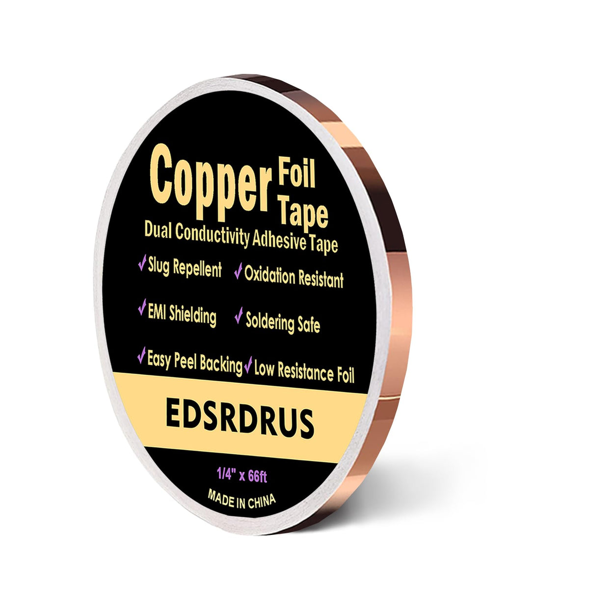 EDSRDRUS Copper Foil Tape with Conductive Adhesive, Double-Sided Pure Copper for EMI Shielding, Stained Glass, Soldering, Slug Barrier, Electrical Repairs (1/4inch x 66ft) 1/4inch x 66ft