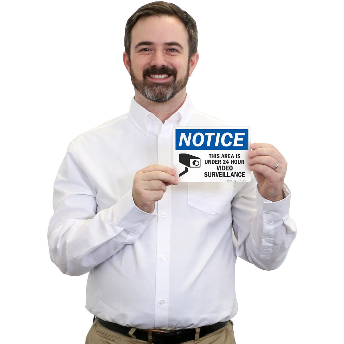 SmartSign pack of 4 5x7 inch "Notice - Area Under 24 Hour Video Surveillance" sticker labels with blue, black, and white design.