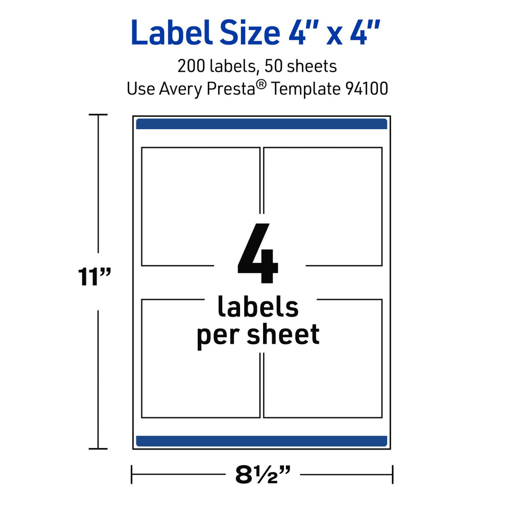 Avery Outdoor Waterproof Square Labels with Sure Feed Technology, 4" x 4", White Film, Compatible with Laser Printers, 200 Labels Total, Great for Product Branding, Packaging, and More