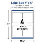 Avery Outdoor Waterproof Square Labels with Sure Feed Technology, 4" x 4", White Film, Compatible with Laser Printers, 200 Labels Total, Great for Product Branding, Packaging, and More