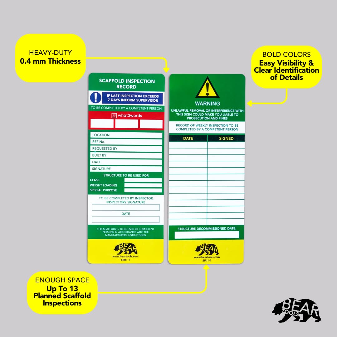 BearTOOLS Scaffold Inspection Record Kit Clear Easy Access Quality Waterproof (10 Inserts (Only)) 10-insert