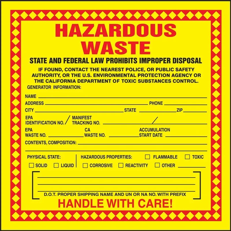Accuform hazardous waste label with red, black, yellow colors, 6x6 inches, adhesive vinyl, for proper disposal signage, pack of 25.