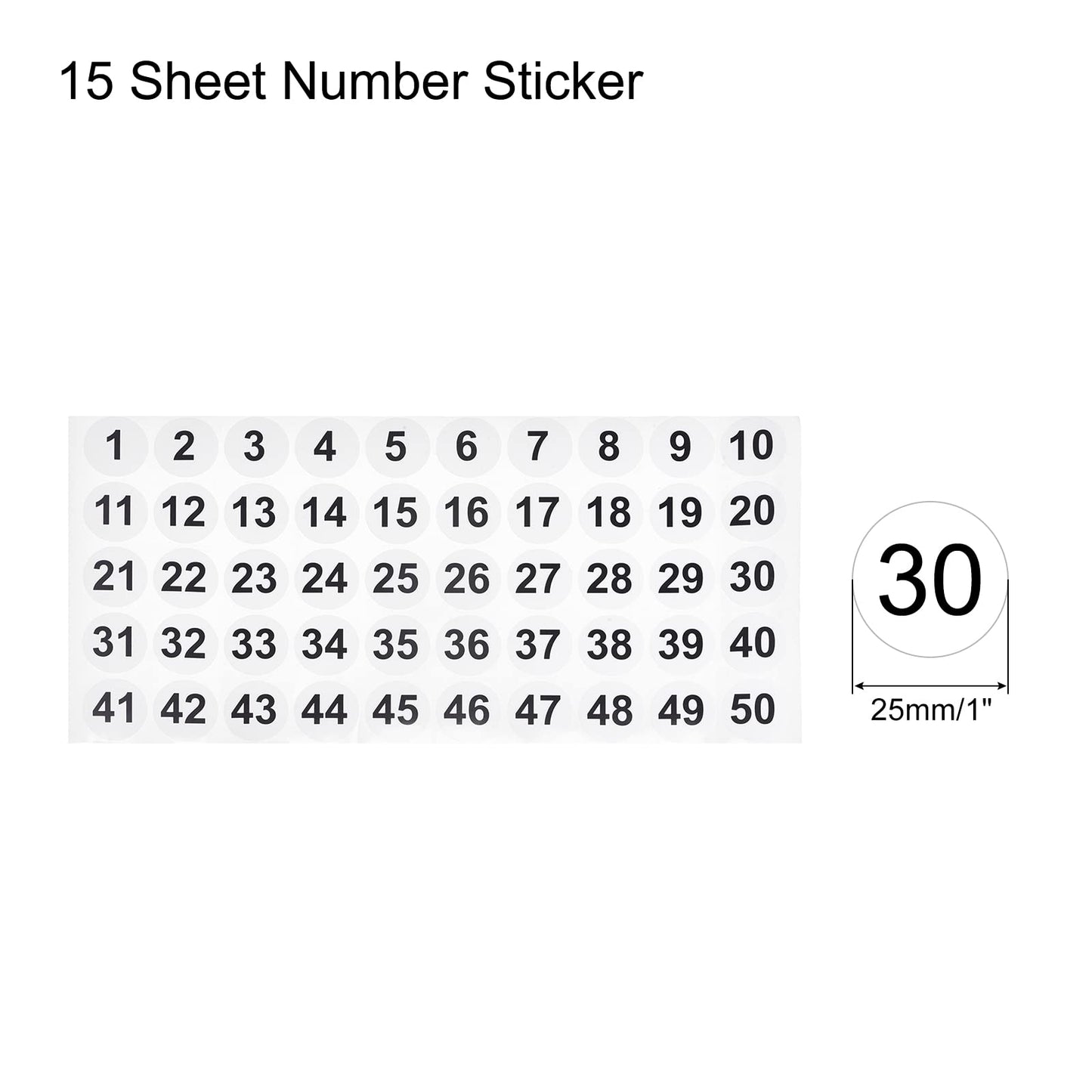 MECCANIXITY 1 to 50 Number Stickers Number Label Self Adhesive Marked Sticker 25mm/1" for Classification, Pack of 15