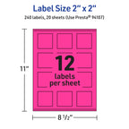 Avery Printable Square Labels, Sure Feed Technology, 2" x 2", Neon Magenta Labels, Print-to-The-Edge, Laser/Inkjet Printable, 240 Total, Great for Jars and Packaging 240 labels