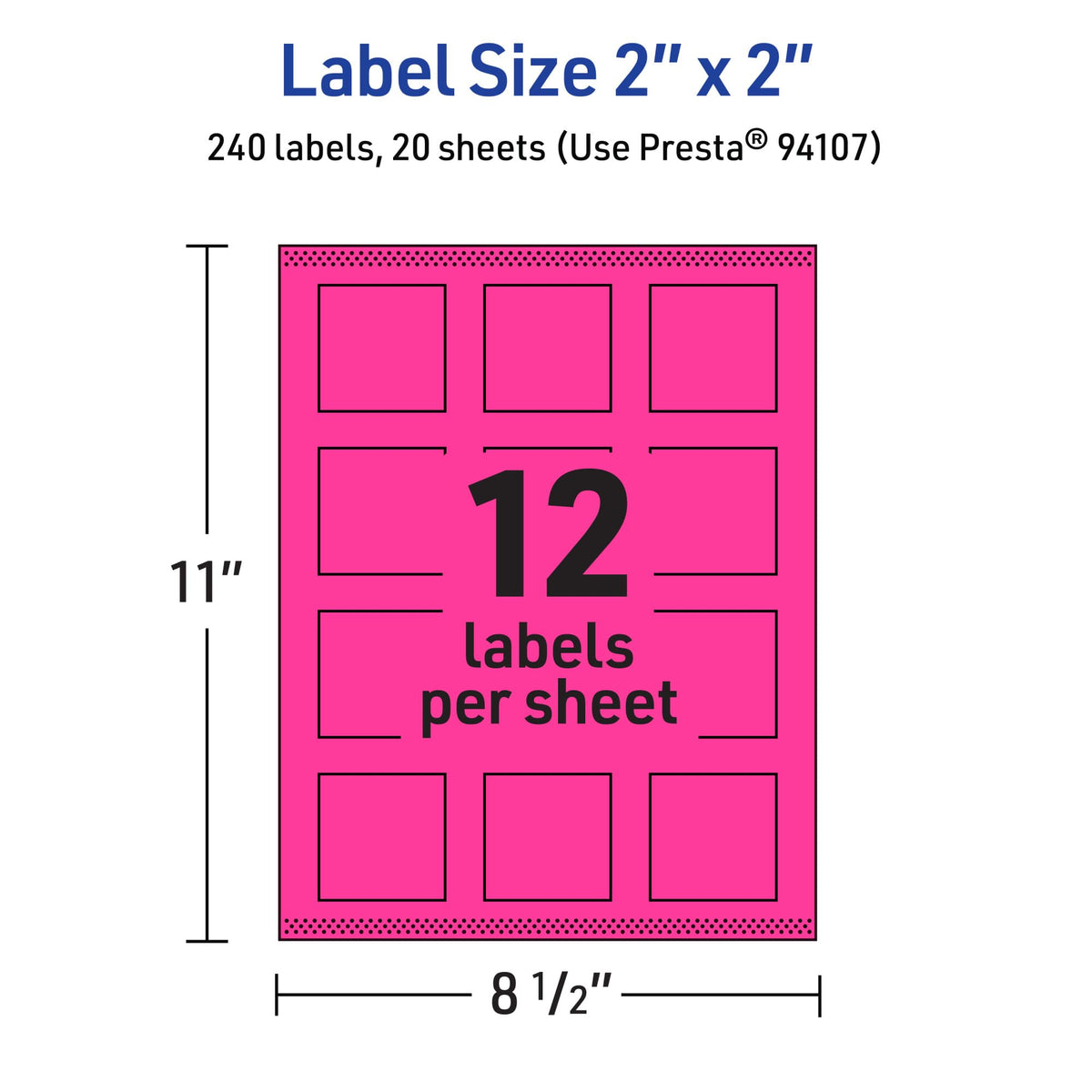 Avery Printable Square Labels, Sure Feed Technology, 2" x 2", Neon Magenta Labels, Print-to-The-Edge, Laser/Inkjet Printable, 240 Total, Great for Jars and Packaging 240 labels