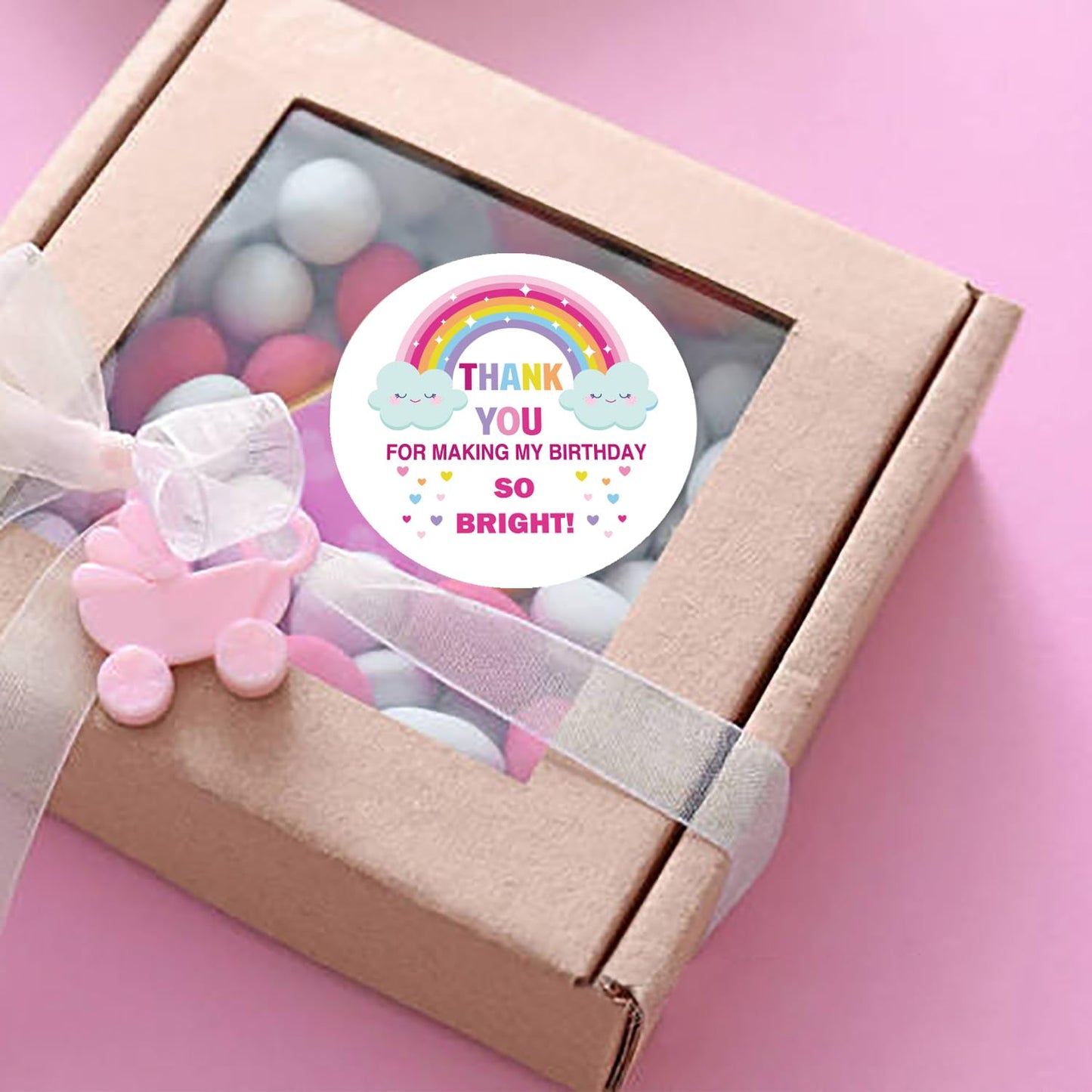 Birthday Party Thank You Sticker Labels, Rainbow Favor Stickers - 'Thank You for Making My Birthday So Bright', 2 Inch, 50 Pack