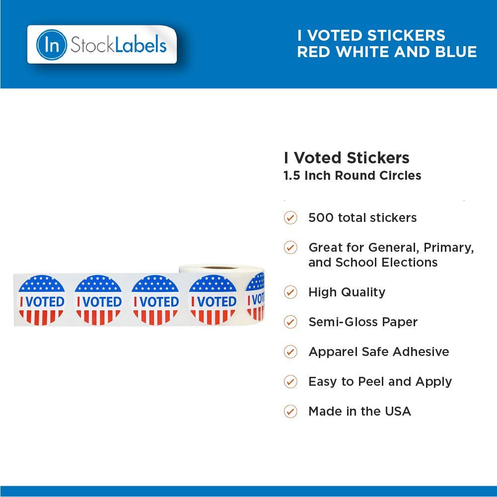 Red, white, and blue I Voted circle stickers, 1.5-inch round color-coding labels by , pack of 500