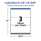 Avery® Matte White Removable Rectangle Labels, Sure Feed® Technology, 3-1/4" x 8-3/8", 75 Removable Labels, Laser/Inkjet Printable 75 labels