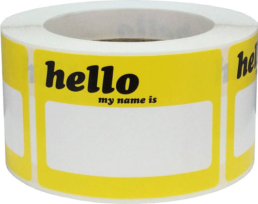 Hello Name Tag Stickers Yellow Blank Space for Your Name 3 1/2 x 2 1/2 Inch Rectangles 500 Adhesive Labels