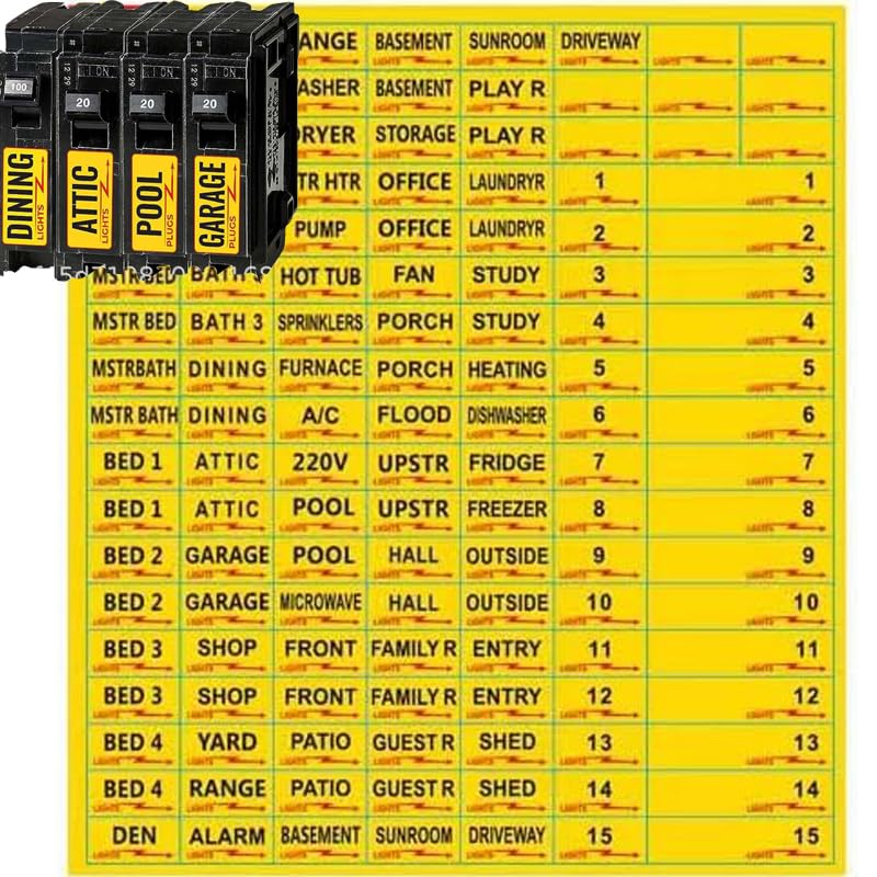 Yellow GSNYSAN electrical panel circuit breaker labels with easy-to-read fuse box stickers for industrial breaker box identification.