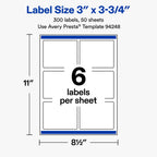 Avery® Matte White Rectangle Labels, 3" x 3.75", 300 Total 300 labels
