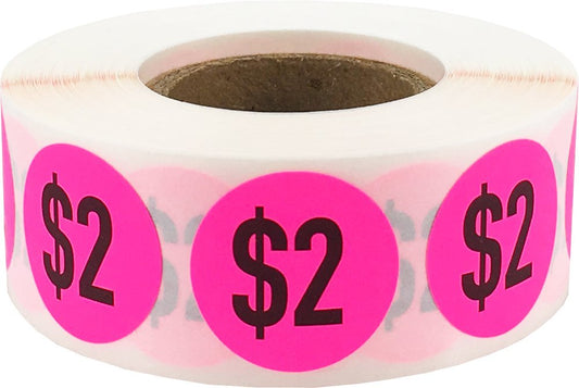 $2 Price Stickers Fluorescent Pink .75 Inch Round Circle Dots 500 Total Adhesive Stickers $2