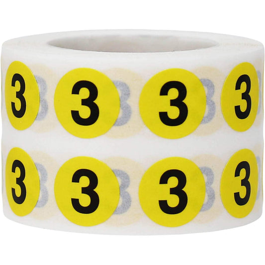 Yellow Circle Number 3 Stickers 0.50 Inch Round 1000 Labels on a Roll