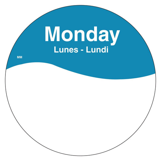 DayMark Safety Systems MoveMark IT110108 Day of The Week Trilingual Removable Label, Monday, 3" Circle, Blue, Roll of 500 3 inches