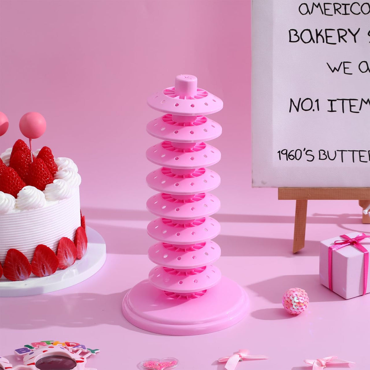 PRETYZOOM Pink Adjustable Multi-Tier Lollipop Stand Candy Display Rack for Parties Weddings Store Use 10.62X5.31X5.31 Inch Lollipop Holder for Kids and Events
